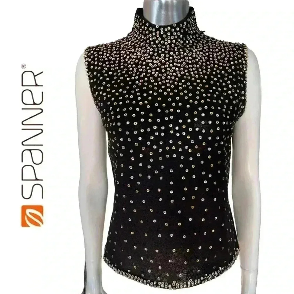 Spanner Glitter Sleeveless Knit Sweater Top Mock Neck Back Zipper Black Small
